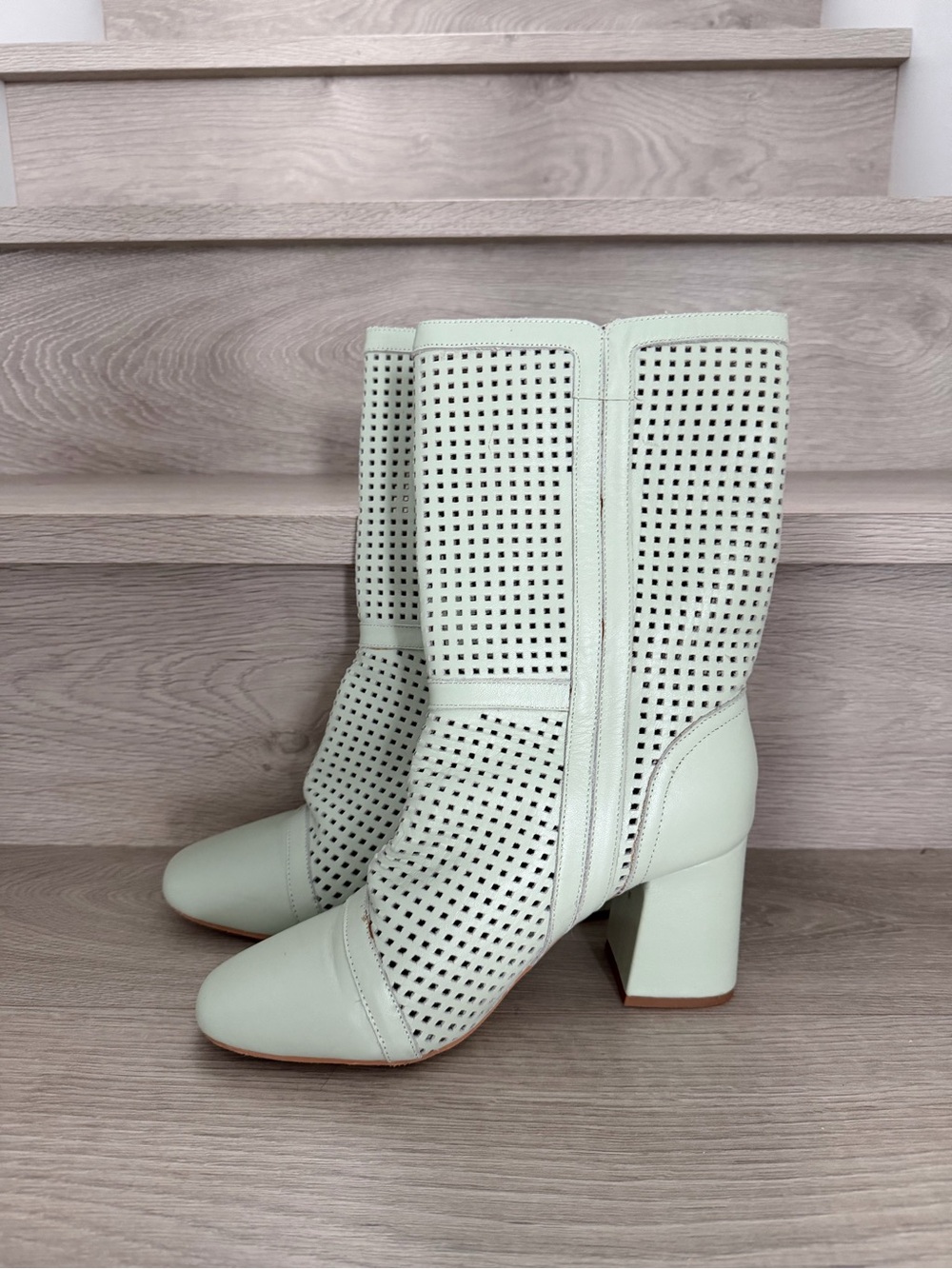 Sol Sana Mint Perforated Mid-Calf Block Heel Boots